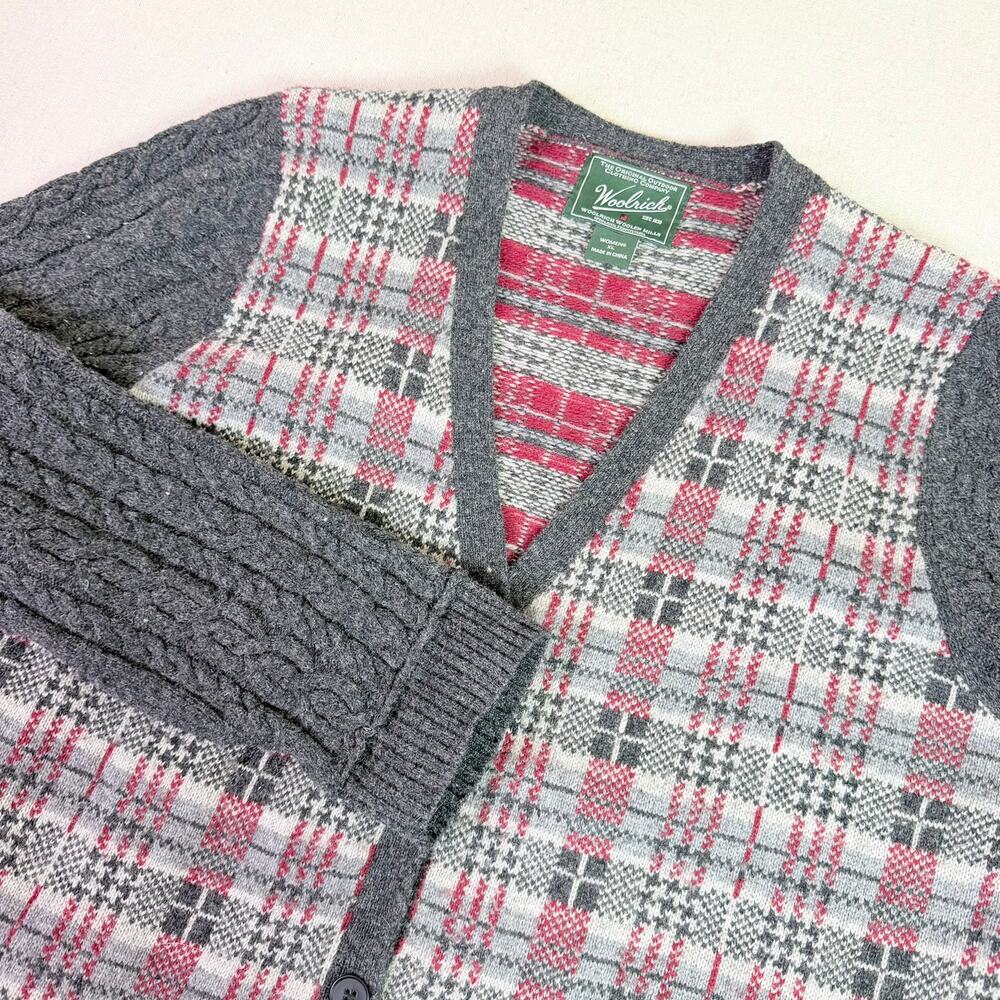 Vintage Woolrich Lambswool Plaid Cable Knit Cardigan Womens XL Grandpacore